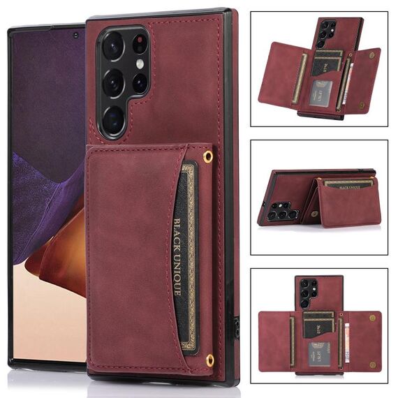 Per Samsung Galaxy S22 Ultra Three-Pelle custodia in pelle con slot e portafoglio e portafogli per carte (vino rosso)