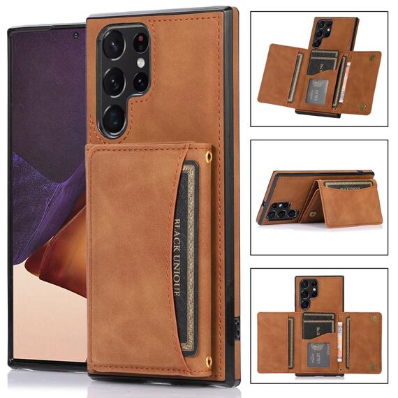 Per Samsung Galaxy S22 Ultra Three-Pelle Custodia in pelle con slot per carte e portafoglio e supporto (Brown)