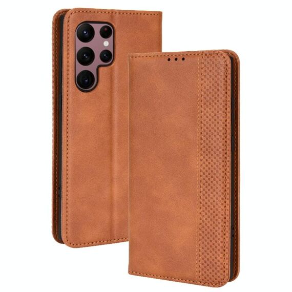 Per Samsung Galaxy S22 Ultra 5G Cassa del telefono in pelle retrò con fibbia magnetica (marrone)