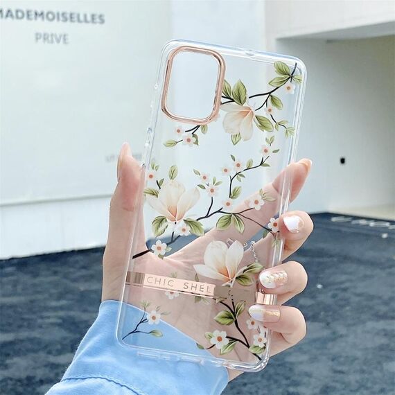 Per Samsung Galaxy S22 Ultra 5G Placcatura traslucida Plating Flower Phone Custodia (Magnolia)