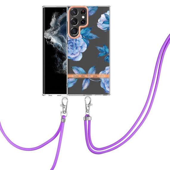 Per Samsung Galaxy S22 Ultra 5G Flowers Flowers Series Cassa del telefono TPU con cordino (peonia blu)