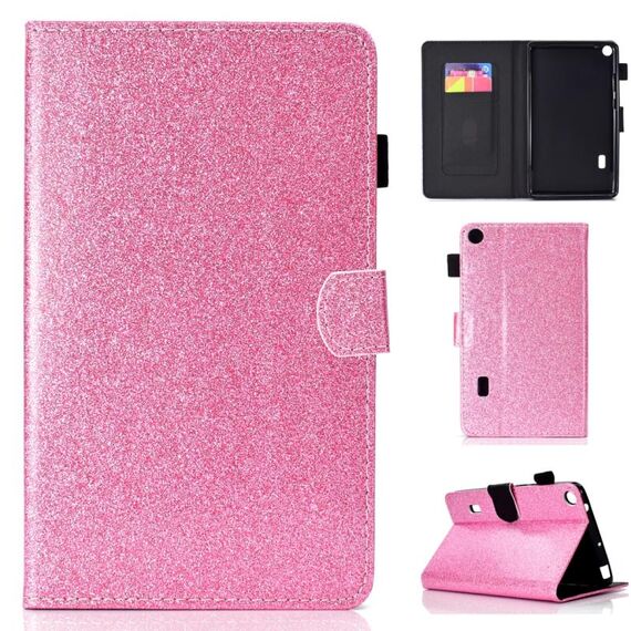 Per Huawei MediaPad T3 7.0 Custodia in pelle con flip orizzontale in polvere glitterata con supporto e slot per scheda (rosa)