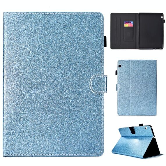Per Huawei MediaPad T3 10.0 Custodia in pelle con flip orizzontale in polvere glitterata con supporto e slot per scheda (blu)