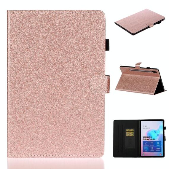 Per Galaxy Tab S6 T860 Custodia in pelle con vibrazione orizzontale in polvere glitterata verniciata con supporto e slot per schede (oro rosa)
