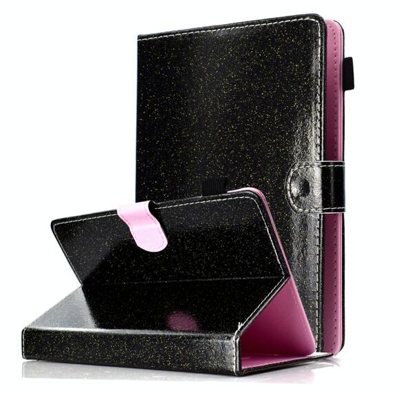 Per tablet da 10 pollici, vernice, polvere glitterata, custodia in pelle a ribaltamento orizzontale con supporto e slot per schede (nero)