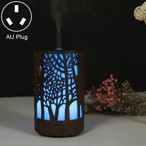 200ml Hollow-out Forest Pattern Macchina per aromaterapia con olio essenziale in legno Umidificatore ad ultrasuoni Spruzzatore automatico di alcol, Spina Specifica: Spina AU (Marrone scuro-3)