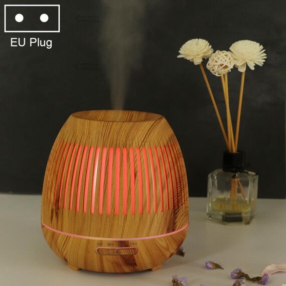 400ml Hollow-out LED Umidificatore a grana di legno Purificatore d'aria Macchina per aromaterapia Spruzzatore automatico di alcol con luce LED colorata, Specifica spina: Spina UE (marrone chiaro)