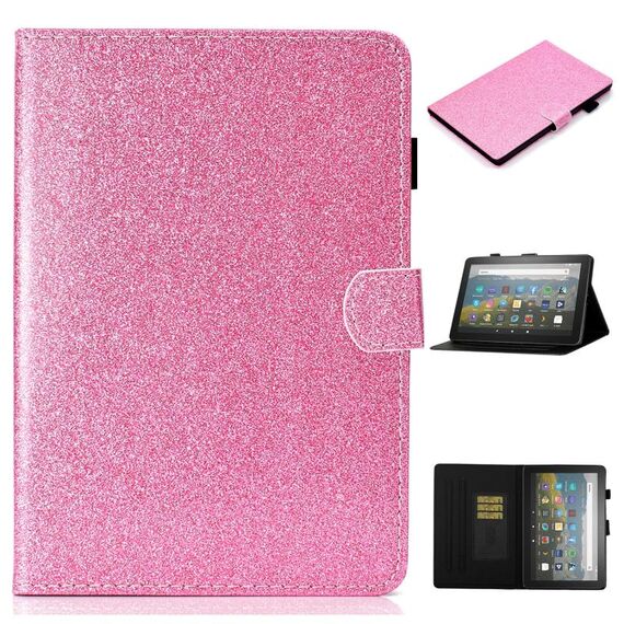 Per Amazon Fire HD 10 (2021) Custodia in cuoio flip orizzontale in polvere glitter con slot e supporto per schede e supporto / sleep / wake-up funzione (rosa)