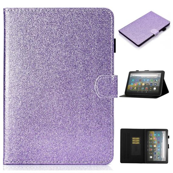 Per Amazon Fire HD 10 (2021) Custodia in pelle orizzontale in polvere glitter con slot per schede e supporto e supporto / funzione di sveglia (viola)