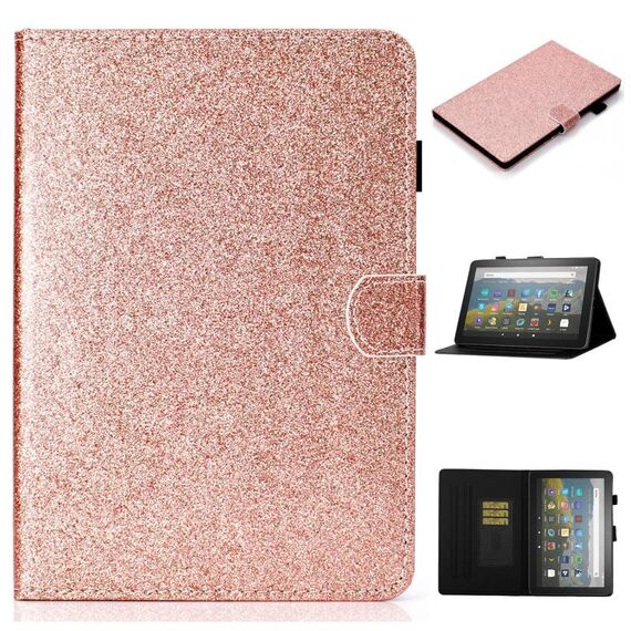 Per Amazon Fire HD 10 (2021) Custodia in pelle flip orizzontale in polvere glitter con slot per schede e supporto e supporto / funzione di sveglia (oro rosa)