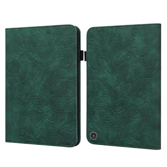 Cassa in pelle di rilievo fiore in pizzo con supporto in pelle orizzontale con supporto e carta Slot & Portafoglio e foto Cornice e Sleep / Funzione sveglia per Amazon Kindle Fire HD 8 2020 / HD 8 Plus 2020 (Green)