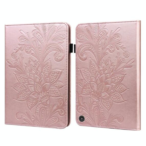 Custodia in pelle di rilievo in pizzo in pizzo in pizzo con supporto e carta Slot e portafoglio e portafoglio e foto Cornice e Sleep / Funzione sveglia per Amazon Kindle Fire HD 8 2020 / HD 8 Plus 2020 (oro rosa)