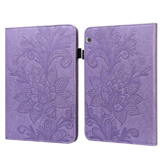 Per Huawei MediaPad T5 pizzo fiore in pizzo modello di rilievo orizzontale custodia in pelle flip con supporto e carte slot e portafoglio e cornice fotografica (viola)