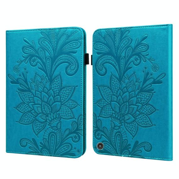 Per Amazon Kindle Fire HD 10 2021 / HD 10 Plus 2021 pizzo fiore goffratura modello orizzontale flip custodia in pelle con supporto e carte slot e portafoglio e cornice fotografica (blu)