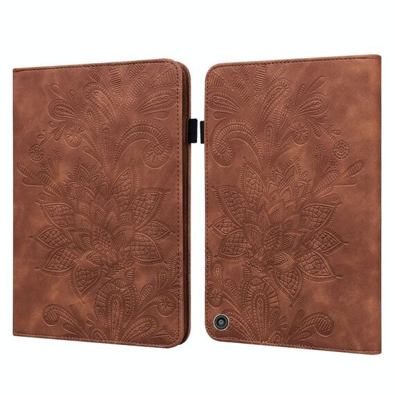 Per Amazon Kindle Fire HD 10 2021 / HD 10 Plus 2021 pizzo fiore goffratura modello orizzontale flip custodia in pelle con supporto e carte slot e portafoglio e cornice fotografica (marrone)