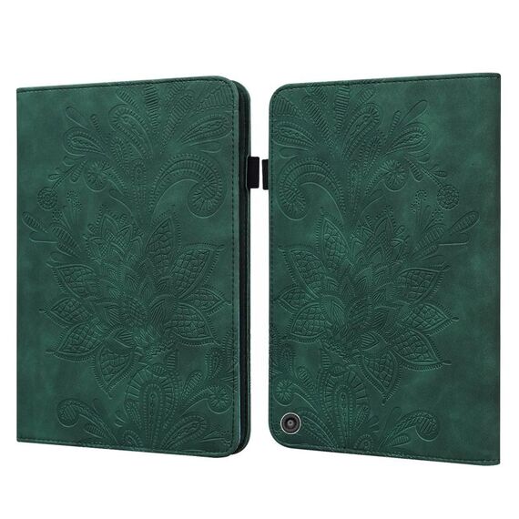 Per Amazon Kindle Fire HD 10 2021 / HD 10 Plus 2021 pizzo fiore goffratura modello orizzontale flip custodia in pelle con supporto e carta slot e portafoglio e cornice fotografica (verde)