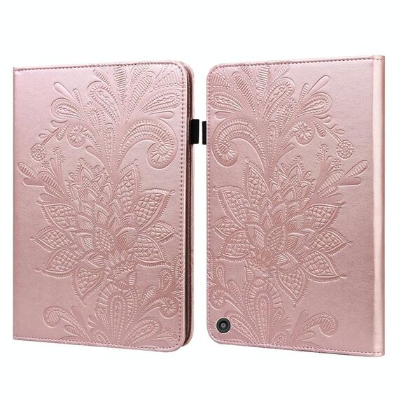 Per Amazon Kindle Fire HD 10 2021 / HD 10 Plus 2021 pizzo fiore goffratura modello orizzontale flip custodia in pelle con supporto e carte slot e portafoglio e cornice fotografica (oro rosa)