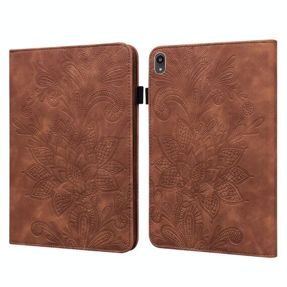Per Lenovo Tab P11 2020 11 pollici TB-J606F / J606x fiore di pizzo fiore goffratura modello orizzontale flip custodia in pelle con supporto e schede slot e portafoglio e cornice fotografica (marrone)