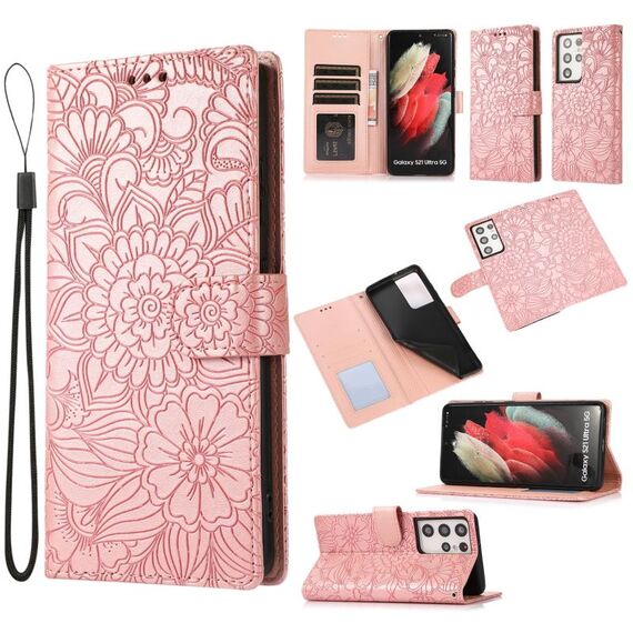 Per Samsung Galaxy S21 Ultra 5G Skin Self Geamsolato Giamina in pelle orizzontale in pelle orizzontale con supporto e carte Slot & Portafoglio e cordino (oro rosa)