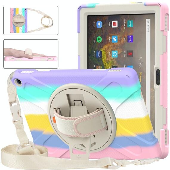 Per Amazon Kindle Fire HD 10 2021 Custodia protettiva in silicone + PC con supporto e tracolla (colorato rosa)
