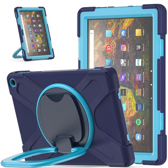 Custodia protettiva in silicone + PC con supporto e tracolla per Amazon Kindle Fire HD 10 2021 (blu navy + blu)