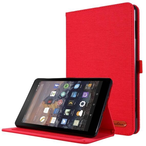 Per Amazon Kindle Fire HD 10 2021 orizzontale Flip TPU + Tessuto PU Custodia protettiva in pelle PU con clip per scheda nome (rosso)