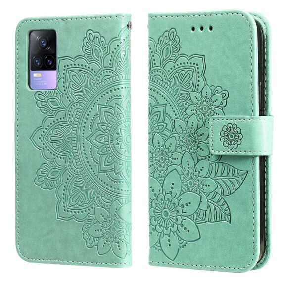 Per Vivo V21 4G / V21 5G 7-petalo Fiori Embossing Pattern Horizontal Flip custodia in pelle PU con supporto e carte Slot & Portafoglio e cornice (verde)