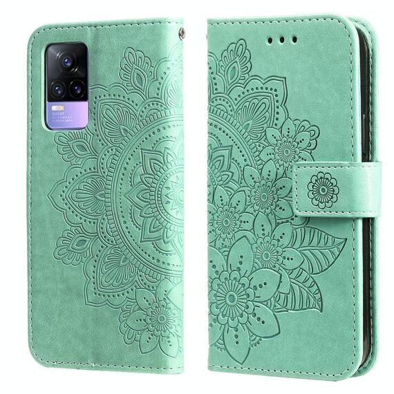 Per vivo Y73 2021 7-petalo fiori Embossing Pattern Horizontal flip custodia in pelle con supporto e carte e portafoglio e cornice fotografica (verde)