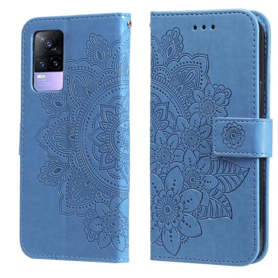 Per Vivo Y73 2021 7-petal fiori Embossing Pattern Horizontal flip custodia in pelle PU con supporto e carte Slot e portafoglio e cornice fotografica (blu)