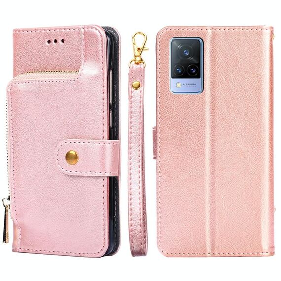 Per vivo V21 5G / 4G borsa con cerniera PU + TPU Custodia in pelle flip orizzontale con supporto e carta Slot & Portafoglio e cordino (oro rosa)