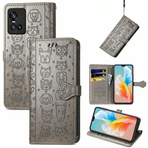 Per vivo S10 Bellissimo Cat e Cane Embossing Pattern Horizontal flip custodia in pelle flip, con titolare e slot per schede e portafoglio e portafoglio Cartoon Chisp & Lanyard (Grigio)