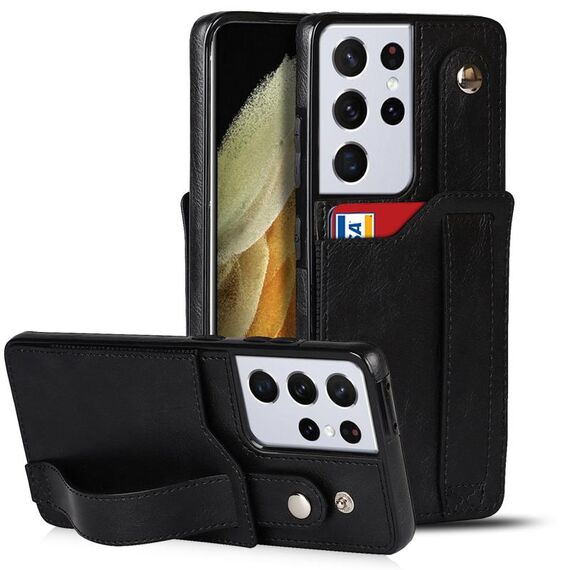 Per Samsung Galaxy S21 Ultra 5G Crazy Horse Texture antiurto TPU + custodia in pelle PU con slot per schede e supporto per cinturino da polso (nero)