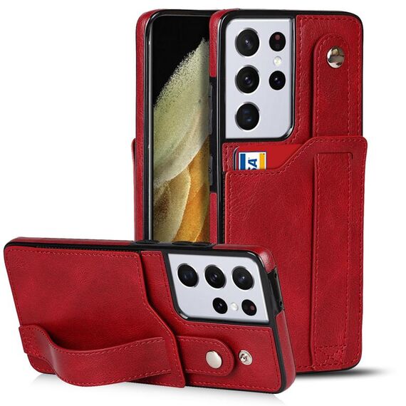 Per Samsung Galaxy S21 Ultra 5G Crazy Horse Texture antiurto antiurto TPU + custodia in pelle PU con slot per schede e supporto per cinturino da polso (rosso)
