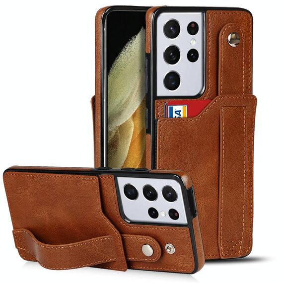 Per Samsung Galaxy S21 Ultra 5G Crazy Horse Texture antiurto TPU + PU Custodia in pelle con slot per schede e supporto per cinturino da polso (marrone)