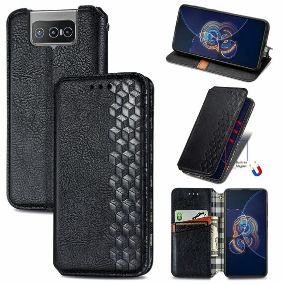 Per Asus Zenfone 8 flip griglia cubica pressata orizzontale flip magnetico custodia in pelle PU con supporto e carte e portafoglio (nero)