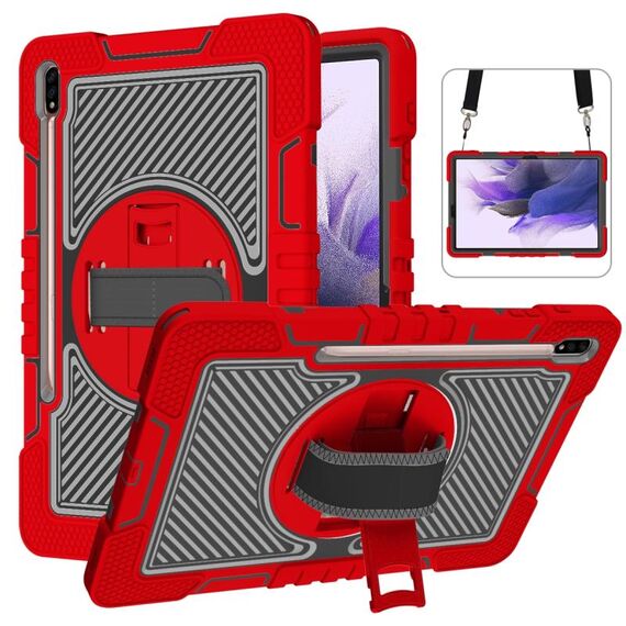 Per Samsung Galaxy Tab S7 FE T730 / T735 / Tab Tab S7 + T970 / T975 S7 + T970 / T975 Rotazione a 360 gradi Contrasto Colore antiurto antiurto + Cassa in silicone + PC con supporto e cinghia a punta e tracolla (rosso + nero)