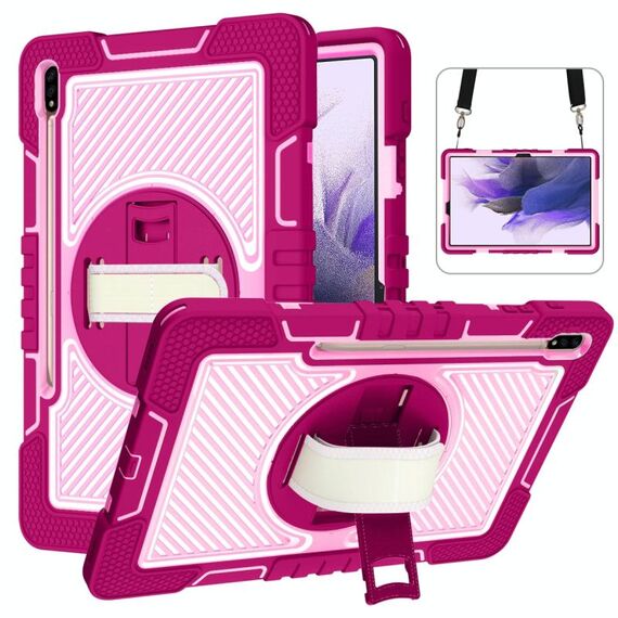 Per Samsung Galaxy Tab S7 FE T730 / T735 / Tab Tab S7 + T970 / T975 S7 + T970 / T975 Rotazione a 360 gradi Colore a contrasto Silicone antiurto + custodia per PC con supporto e cinghia a punta e tracolla (Rosa rossa + rosa)