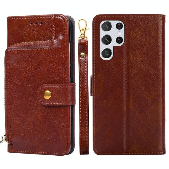 Per Samsung Galaxy S22 Ultra 5G borsa con cerniera PU + TPU Custodia in pelle flip orizzontale con supporto e carta Slot & Portafoglio e cordino (marrone)