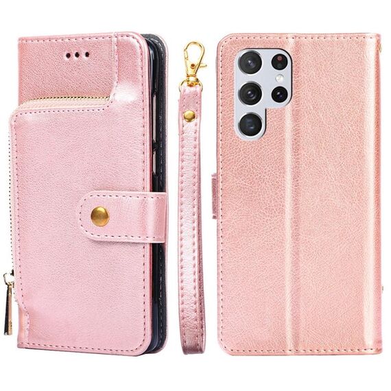 Per Samsung Galaxy S22 Ultra 5G borsa con cerniera PU + TPU Custodia in pelle flip orizzontale con supporto e carta Slot & Portafoglio e cordino (oro rosa)