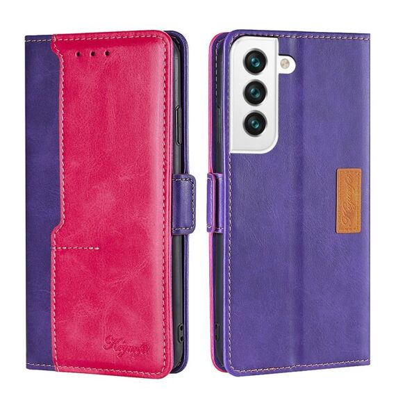 Per Samsung Galaxy S22 + 5G trama retrò contrasto colore fibbia laterale orizzontale flip custodia in pelle con supporto e carte slot e portafoglio (viola + rosa rossa)