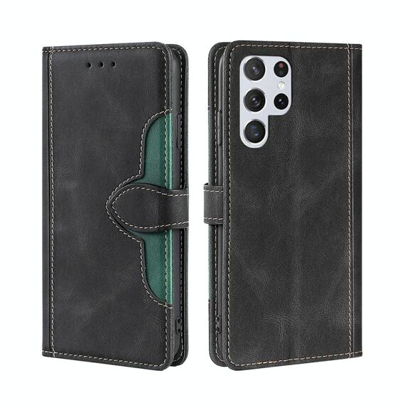 Per Samaung Galaxy S22 Ultra 5G Sensazione della pelle Cappello di paglia Cappello orizzontale in pelle flip con supporto e slot per schede (nero)
