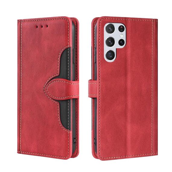 Per Samaung Galaxy S22 Ultra 5G Skin Feel Cappello di paglia Cappello in pelle flip orizzontale con supporto e slot per schede (rosso)