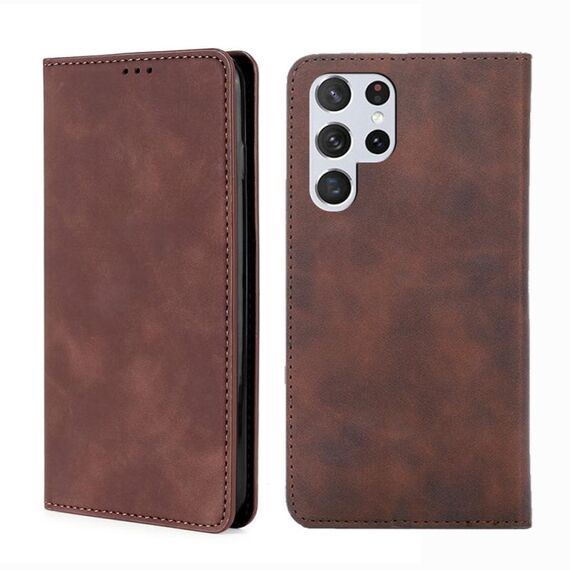 Per Samaung Galaxy S22 Ultra 5G Sensazione della pelle magnetica in pelle flip orizzontale con supporto e slot per schede (marrone scuro)
