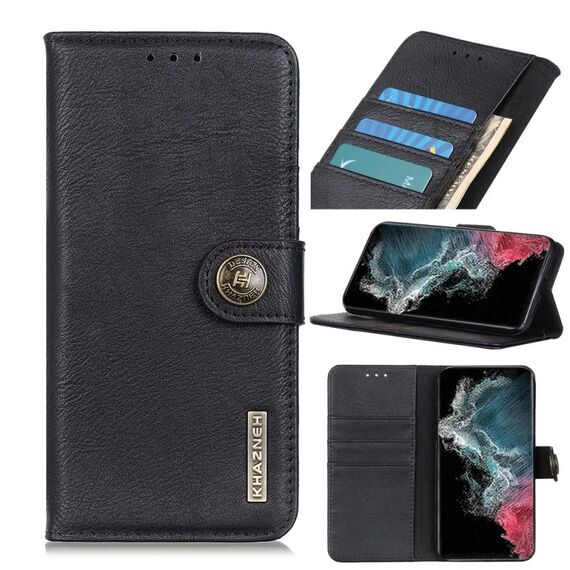 Per Samsung Galaxy S22 Ultra 5G Khazneh Texture in pelle bovina orizzontale in pelle flip con supporto e carte slot e portafoglio (nero)