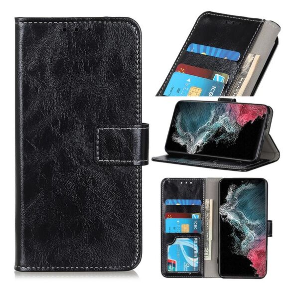 Per Samsung Galaxy S22 Ultra 5G Retro Crazy Horse Texture Horizontal flip custodia in pelle con supporto e carte slot e foto cornice e portafoglio (nero)