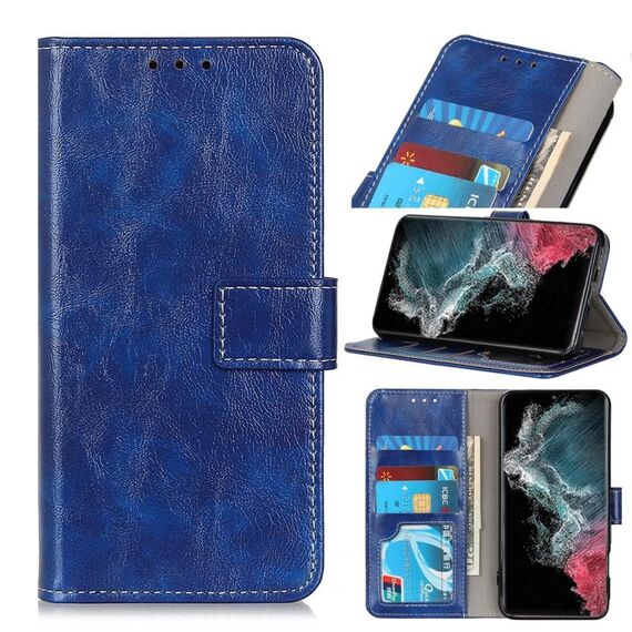 Per Samsung Galaxy S22 Ultra 5G Retro Crazy Horse Texture Custodia in cuoio orizzontale in pelle orizzontale con supporto e carte Slot e foto Cornice e portafoglio (blu)