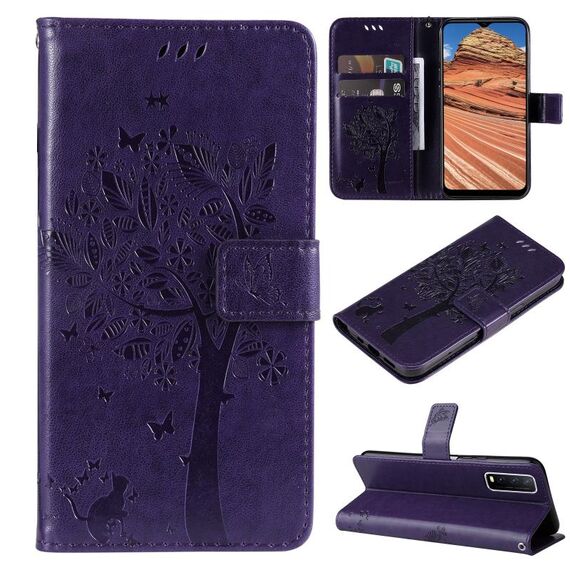 Per Vivo Y11s / Y12A / Y12S / Y20 / Y20A / Y20S / Y20 / Y20A / Y20S / Y20G / Y20SG Tree & Cat Pattern Embossing Pattern Horizontal flip custodia in pelle PU con titolare e carte Slot & Portafoglio e cordino (viola)