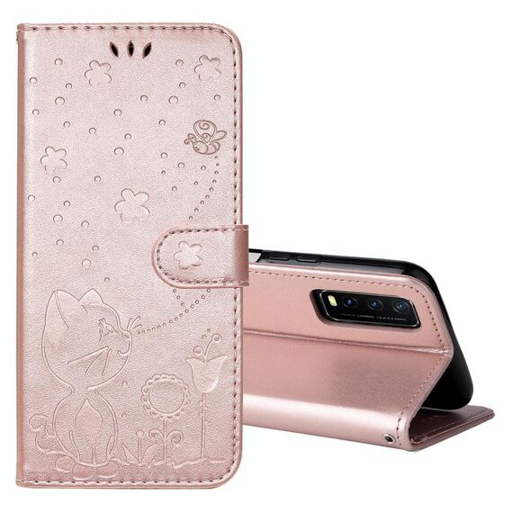 Per vivo Y20 / Y20A / Y20S Cat Bee Embossing pattern antiurto antiurto orizzontale custodia in pelle flip con supporto e carte slot e portafoglio (oro rosa)