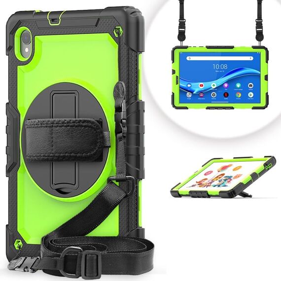 Per Lenovo Tab M10 HD TB-X306X Antifondo antiurto Silicone + PC Custodia protettiva per tablet con supporto e tracolla e cinturino a mano (nero giallo verde)