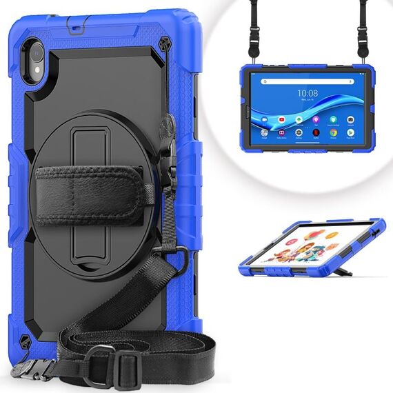 Per Lenovo Tab M10 HD TB-X306x Antifondo antiurto Silicone + Caso protettivo per tablet protettivo con supporto e tracolla e cinturino a mano (nero blu)